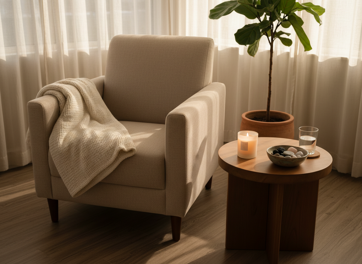 A tranquil corner of a therapy room in photographic realism, featuring a plush, sand-colored armchair with a soft wool throw draped over its arm, positioned beside a round wooden side table. On the table rest a lit beeswax candle in a frosted glass holder, a small ceramic bowl filled with polished grounding stones, and a glass of water. Behind, a tall indoor plant in a clay pot softens the scene. Gentle golden-hour sunlight filters through sheer curtains, casting warm, elongated shadows and a subtle glow around the objects. Shot from a slightly elevated angle using the rule of thirds, the atmosphere feels safe, comforting, and deeply restorative, reflecting somato-emotional support and attentive listening without showing any people.