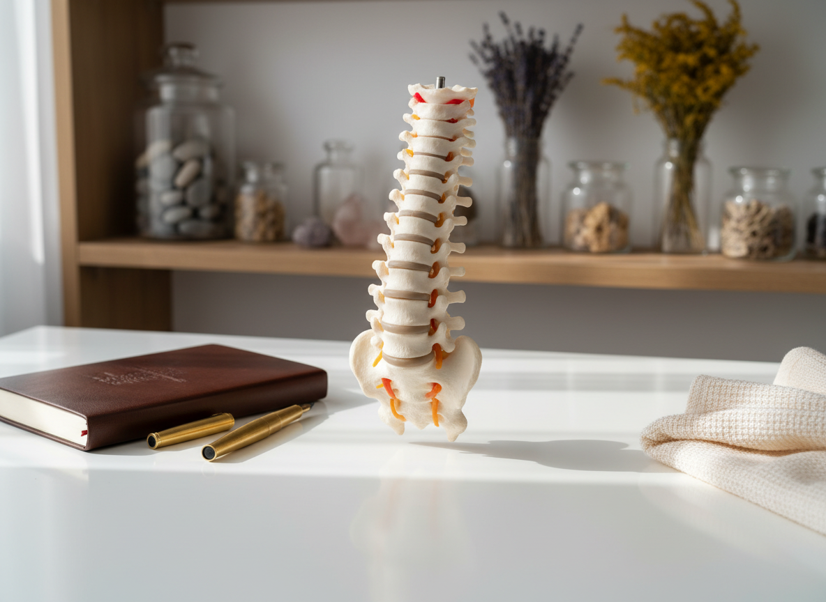 An elegant close-up of a detailed anatomical spine model made of matte ivory resin, each vertebra clearly defined and aligned, resting on a pristine white desk. Around it, neatly arranged are a closed leather-bound notebook, a fountain pen, and a folded cotton towel. In the background, slightly out of focus, shelves hold glass jars filled with natural elements like stones and dried plants, symbolizing holistic care. Soft, diffused afternoon light from an unseen window bathes the scene, creating gentle highlights along the curves of the spine and soft, clean shadows. Photographic realism, shot from a three-quarter angle with balanced composition, conveys precision, professionalism, and a functional somato-emotional therapeutic approach.